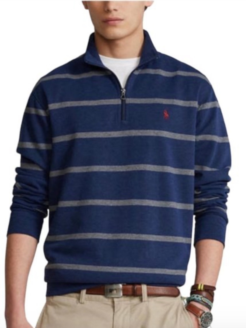 Polo Ralph Lauren Luxury Jersey Men’s Blue Gray Striped 1/4 Zip Long Sleeve L